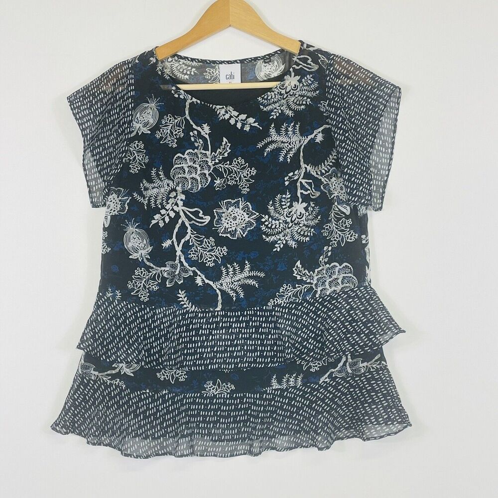 CAbi Blouse Womens XS Blue Black Floral Ruffle Chiffon Top Cottagecore Victorian